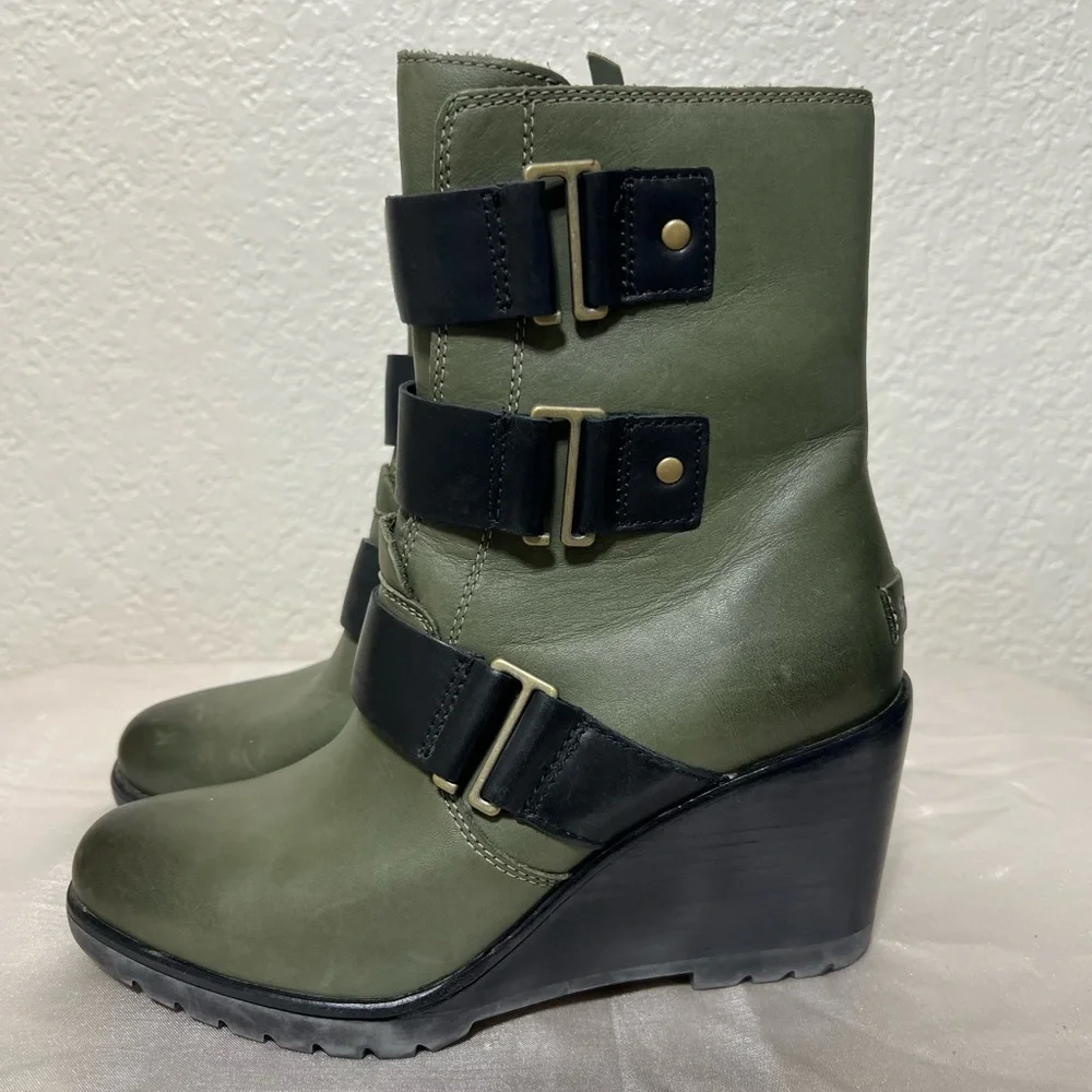 Sorel After Hours Waterproof Leather Wedge Bootie Color Nori NL2550-383 Size 7.5